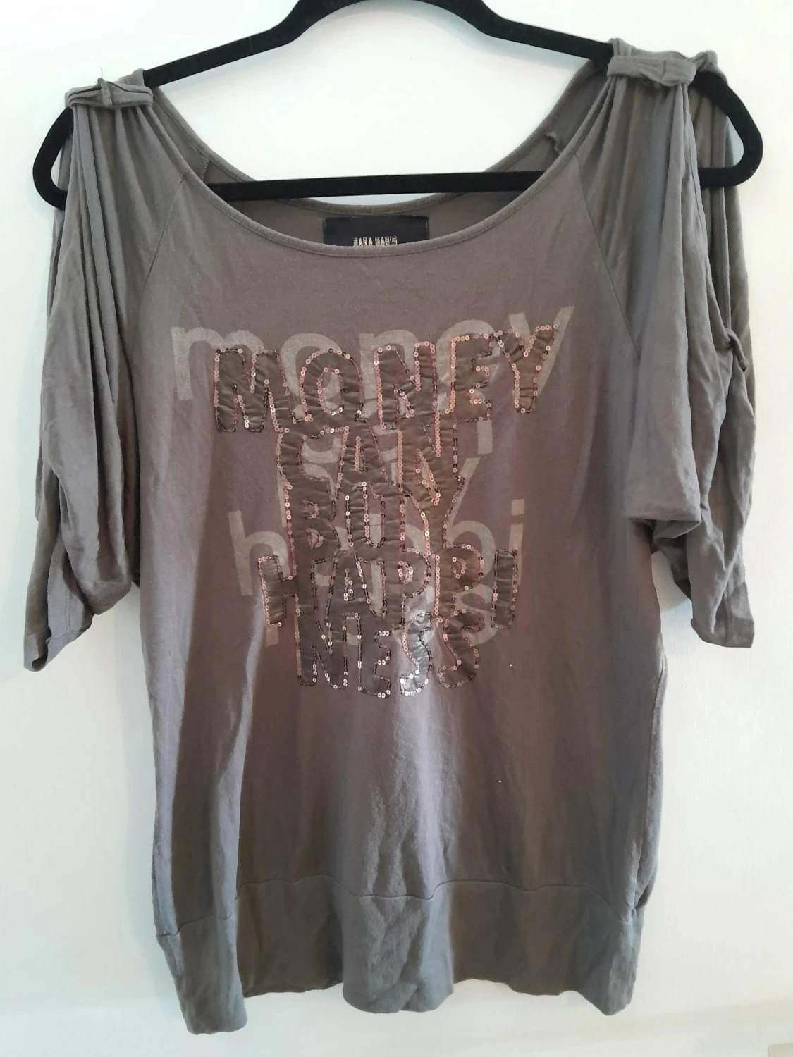T-shirt caqui com estampa, com lantejoulas, Tamanho M, Marca Zara Basic – photo 2